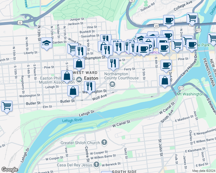 map of restaurants, bars, coffee shops, grocery stores, and more near 219 South 7th Street in Easton