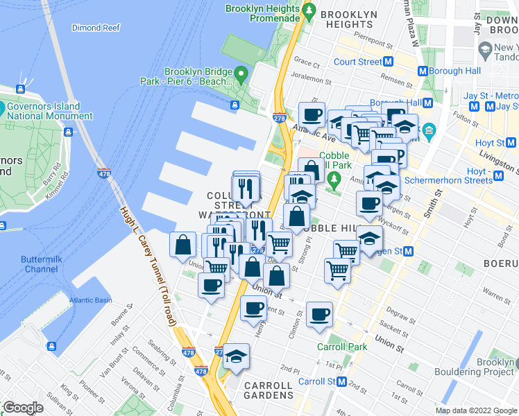 map of restaurants, bars, coffee shops, grocery stores, and more near Kane Street & Tiffany Place in Brooklyn