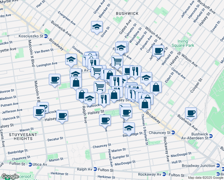 map of restaurants, bars, coffee shops, grocery stores, and more near 1485 Broadway in Brooklyn