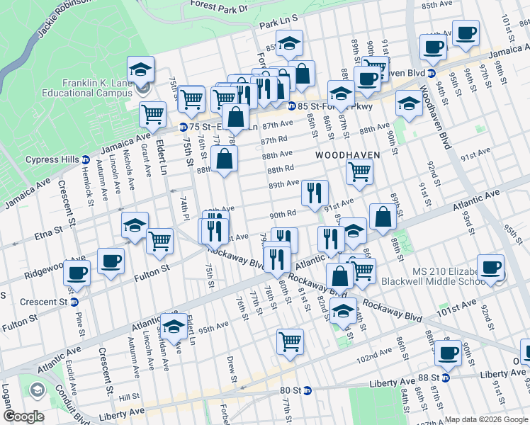 map of restaurants, bars, coffee shops, grocery stores, and more near 78-31 90th Road in Queens