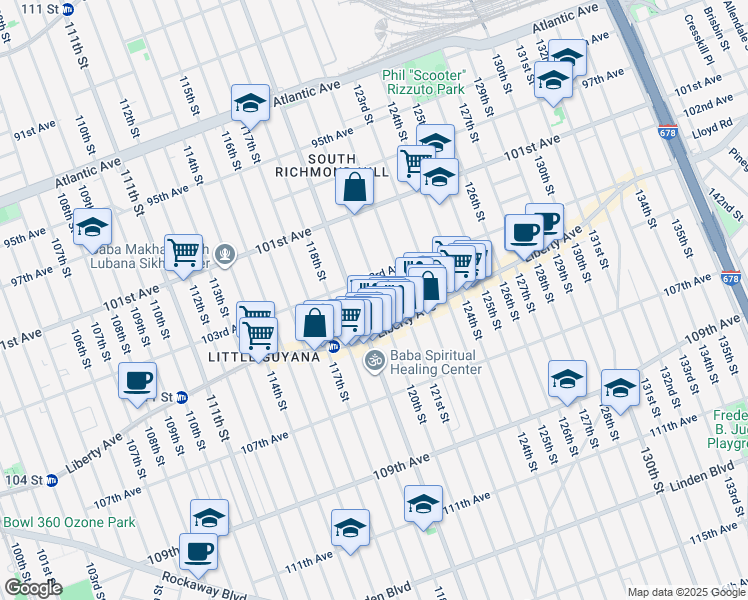map of restaurants, bars, coffee shops, grocery stores, and more near 103-22 120th Street in Queens