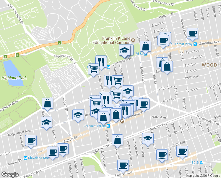 map of restaurants, bars, coffee shops, grocery stores, and more near 102 Hemlock Street in Brooklyn