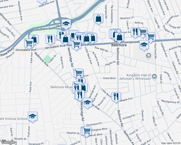 map of restaurants, bars, coffee shops, grocery stores, and more near 2485 Haff Avenue in North Bellmore