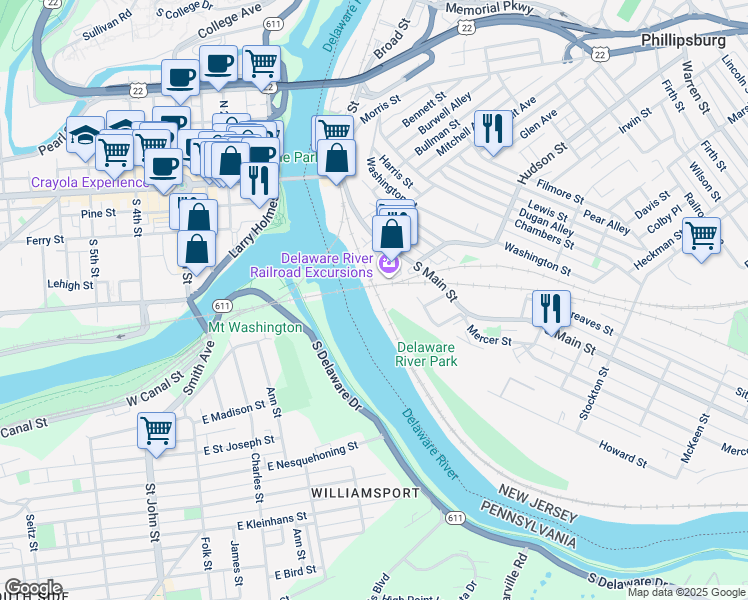 map of restaurants, bars, coffee shops, grocery stores, and more near River Street in Phillipsburg