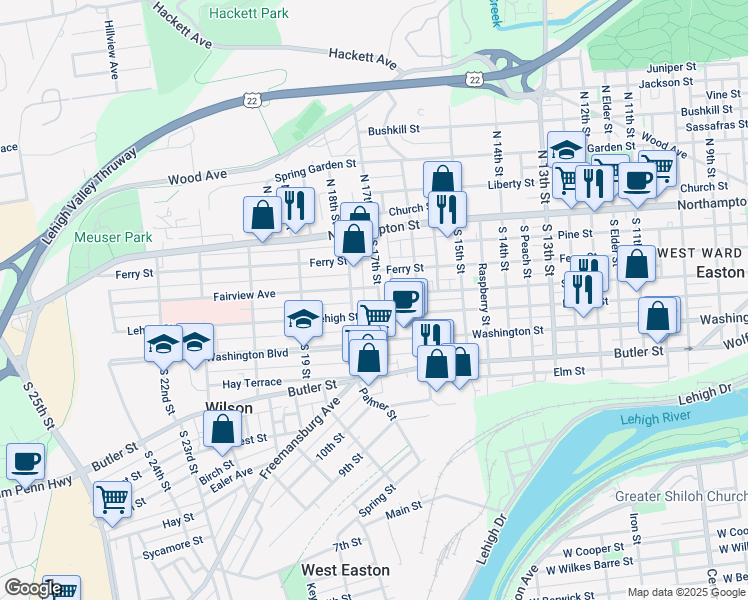 map of restaurants, bars, coffee shops, grocery stores, and more near 137 South 17th Street in Easton