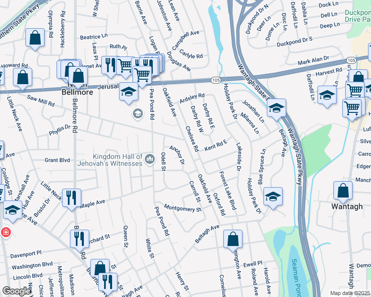 map of restaurants, bars, coffee shops, grocery stores, and more near 1366 Oakfield Avenue in Wantagh