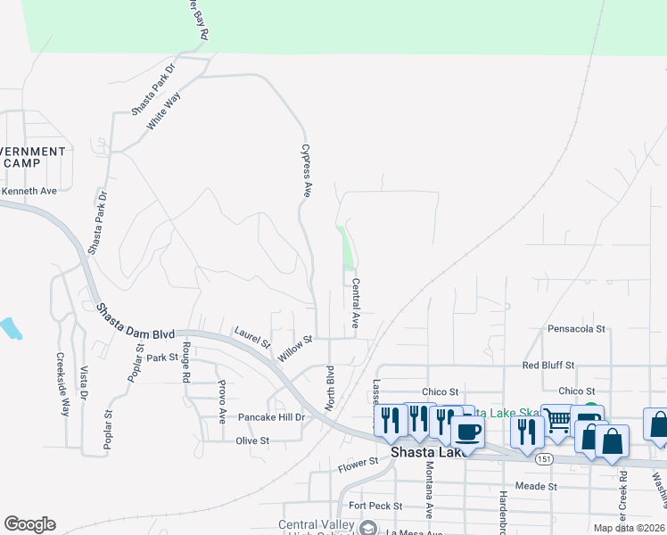 map of restaurants, bars, coffee shops, grocery stores, and more near 926 Forest Street in Shasta Lake
