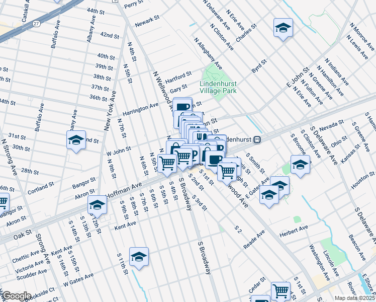 map of restaurants, bars, coffee shops, grocery stores, and more near 138 School Street in Lindenhurst