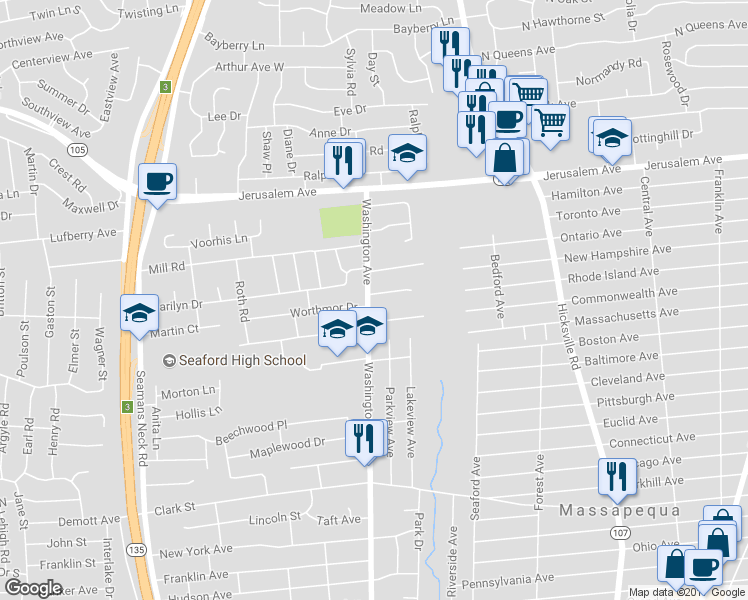 map of restaurants, bars, coffee shops, grocery stores, and more near 1493 Washington Avenue in Seaford