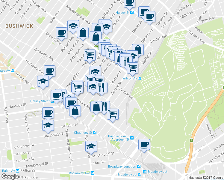 map of restaurants, bars, coffee shops, grocery stores, and more near 133 Cooper Street in Brooklyn