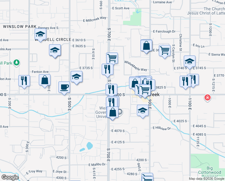 map of restaurants, bars, coffee shops, grocery stores, and more near 3880 South 700 East in South Salt Lake