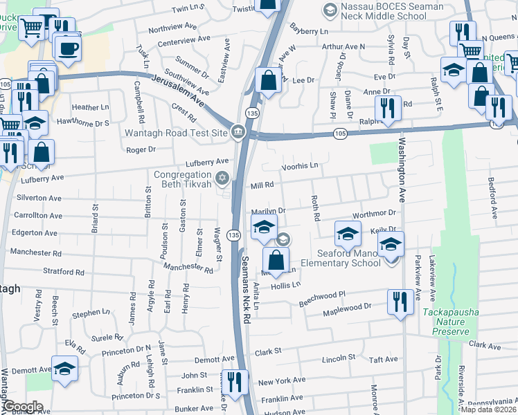 map of restaurants, bars, coffee shops, grocery stores, and more near 3759 Marilyn Dr in Seaford