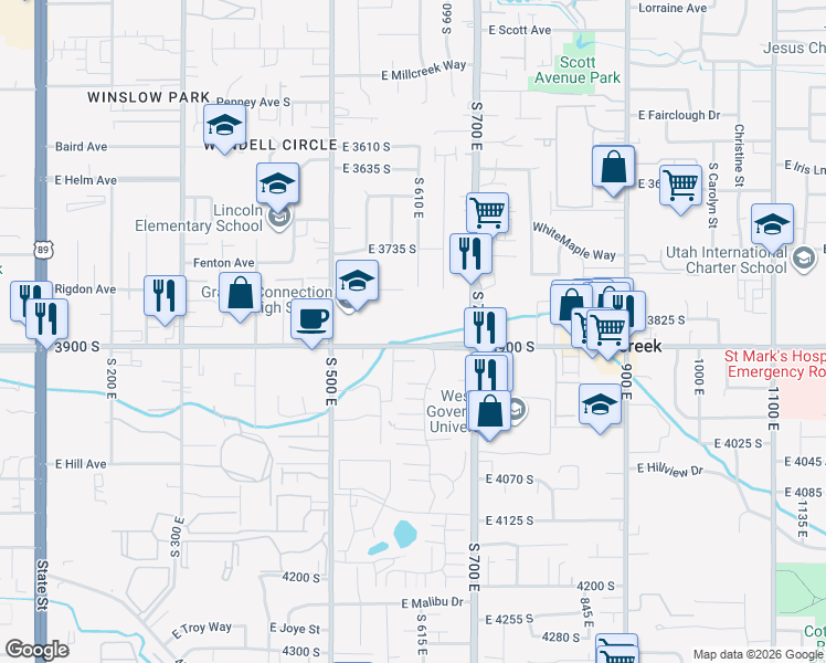 map of restaurants, bars, coffee shops, grocery stores, and more near 611 East Eleanor Cove in Millcreek