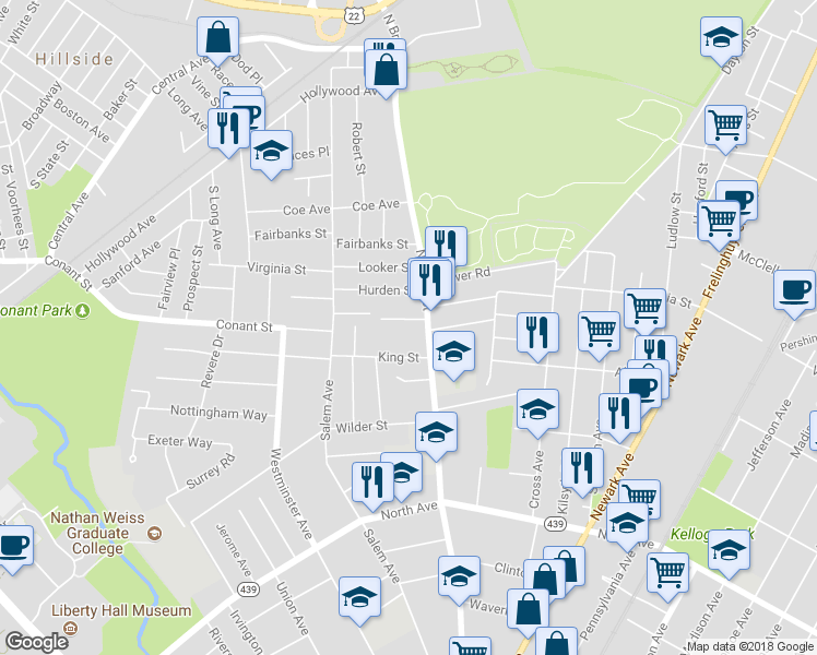 map of restaurants, bars, coffee shops, grocery stores, and more near 14 Beechwood Place in Hillside