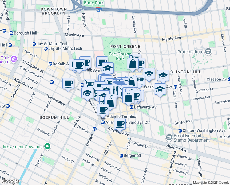map of restaurants, bars, coffee shops, grocery stores, and more near 75 South Elliott Place in Brooklyn