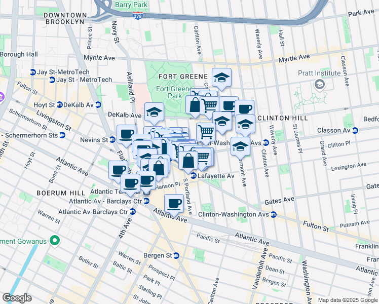 map of restaurants, bars, coffee shops, grocery stores, and more near 101 Lafayette Avenue in Brooklyn