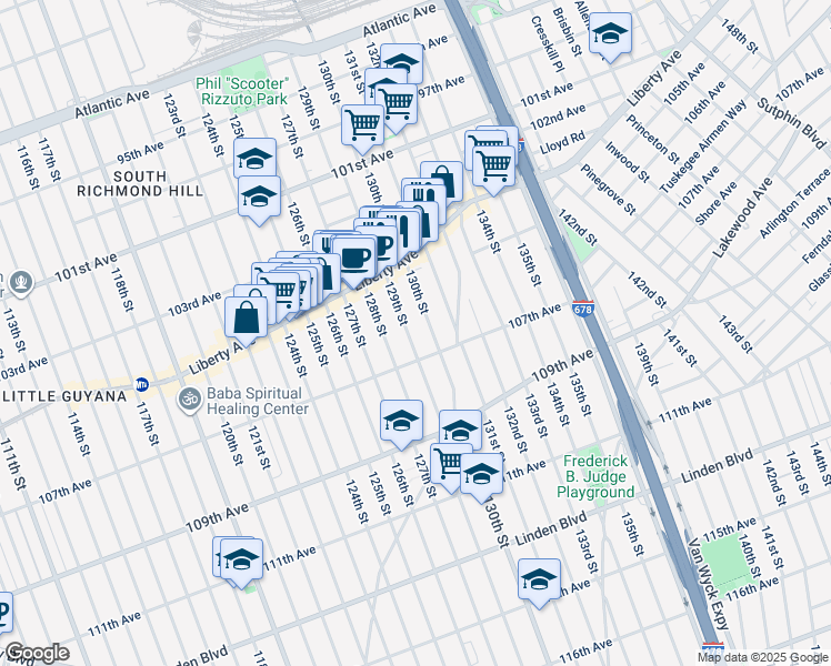 map of restaurants, bars, coffee shops, grocery stores, and more near 104-71 129th Street in Queens