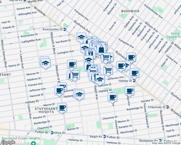 map of restaurants, bars, coffee shops, grocery stores, and more near 842A Madison Street in Brooklyn