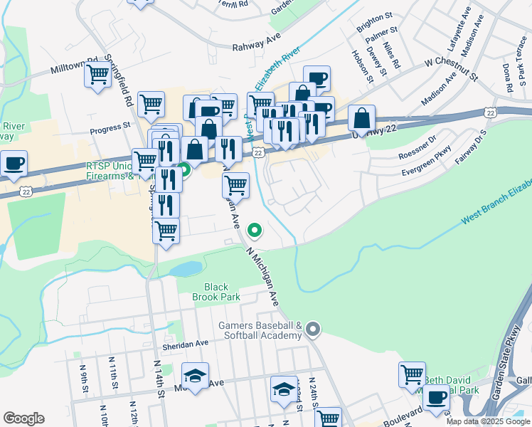 map of restaurants, bars, coffee shops, grocery stores, and more near 949 Linden Lane in Union