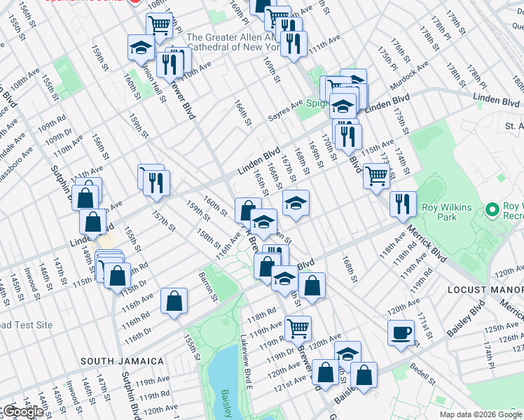 map of restaurants, bars, coffee shops, grocery stores, and more near 115-15 Marsden Street in Queens
