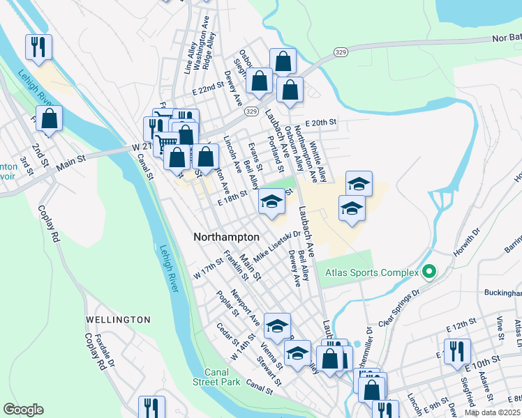 map of restaurants, bars, coffee shops, grocery stores, and more near 1707 Lincoln Avenue in Northampton