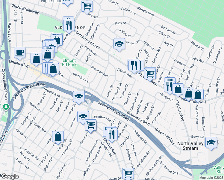 map of restaurants, bars, coffee shops, grocery stores, and more near 27 Rifton Street in Elmont