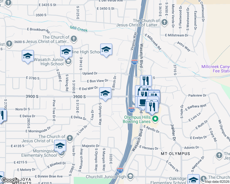 map of restaurants, bars, coffee shops, grocery stores, and more near 3851 South Birch Drive in Salt Lake City