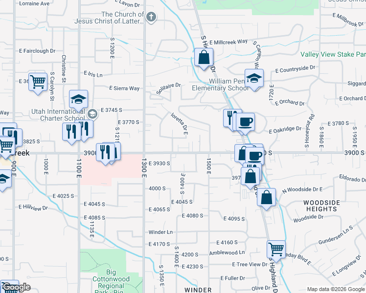 map of restaurants, bars, coffee shops, grocery stores, and more near 1423 East Komenda Way in Millcreek