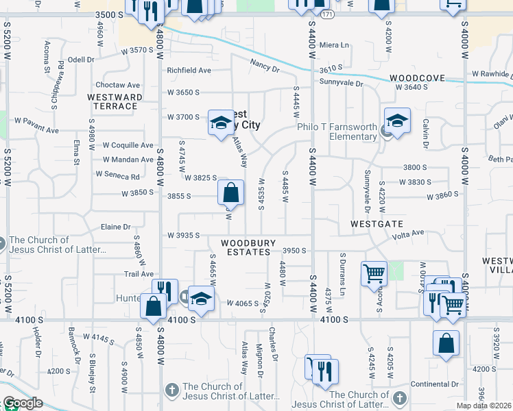 map of restaurants, bars, coffee shops, grocery stores, and more near 3879 South 4535 West in West Valley City