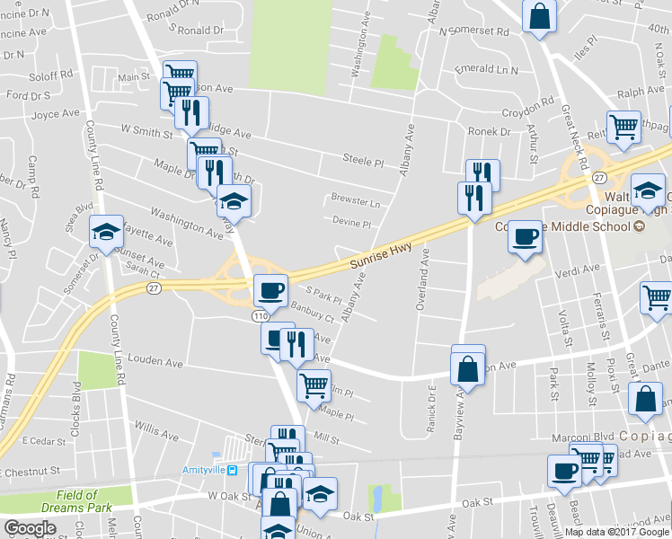 map of restaurants, bars, coffee shops, grocery stores, and more near 166 Albany Avenue in Amityville