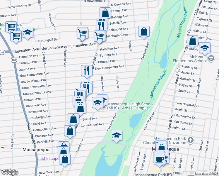map of restaurants, bars, coffee shops, grocery stores, and more near 196 Massachusetts Avenue in Massapequa
