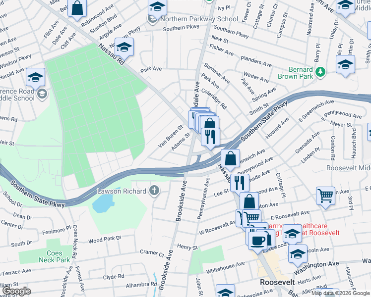 map of restaurants, bars, coffee shops, grocery stores, and more near 622 Hillside Court in Uniondale