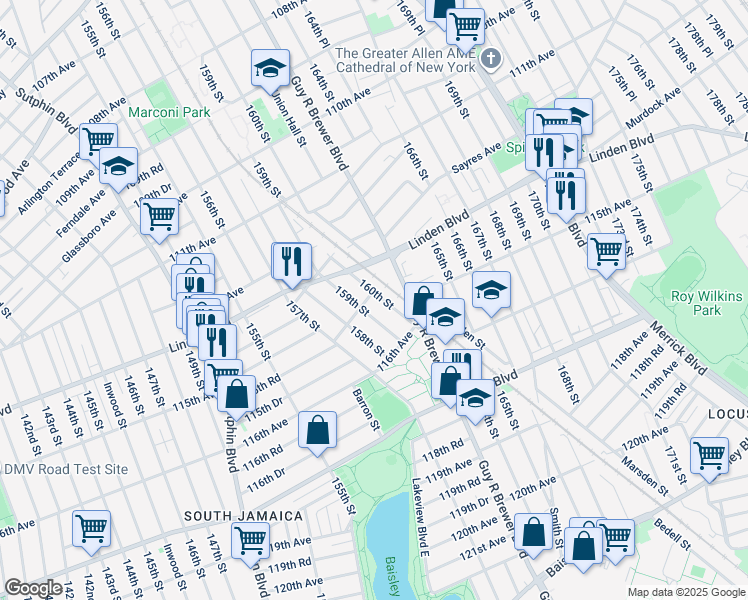 map of restaurants, bars, coffee shops, grocery stores, and more near 159-14 115th Road in Queens