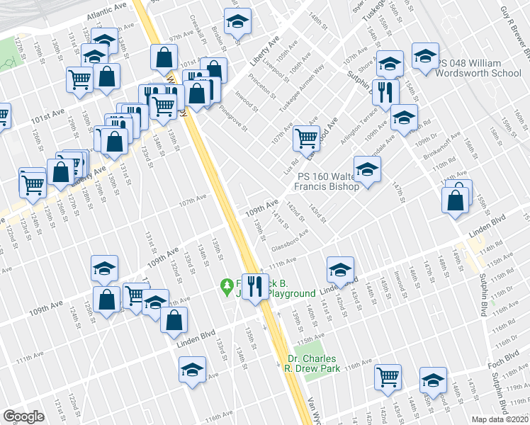 map of restaurants, bars, coffee shops, grocery stores, and more near 139-14 141st Street in Queens
