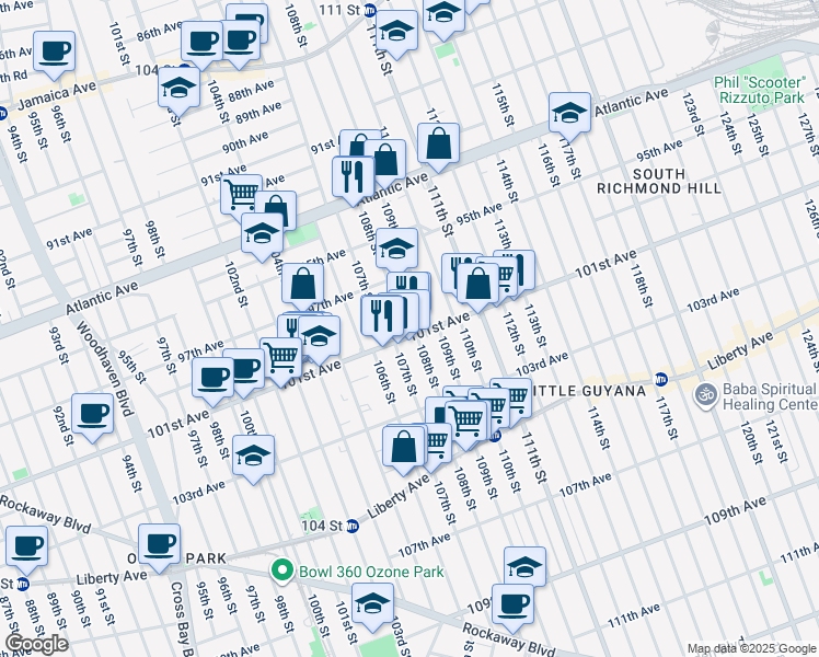 map of restaurants, bars, coffee shops, grocery stores, and more near 97-52 108th Street in Queens