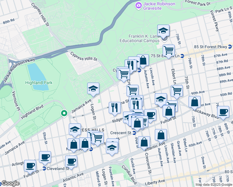map of restaurants, bars, coffee shops, grocery stores, and more near 49 Euclid Avenue in Brooklyn