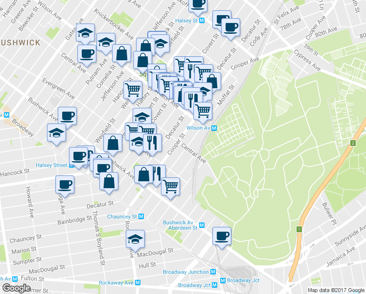 map of restaurants, bars, coffee shops, grocery stores, and more near 655 Central Avenue in Brooklyn