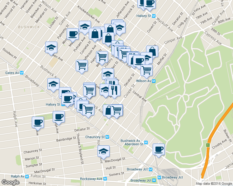 map of restaurants, bars, coffee shops, grocery stores, and more near 116 Schaefer Street in Brooklyn
