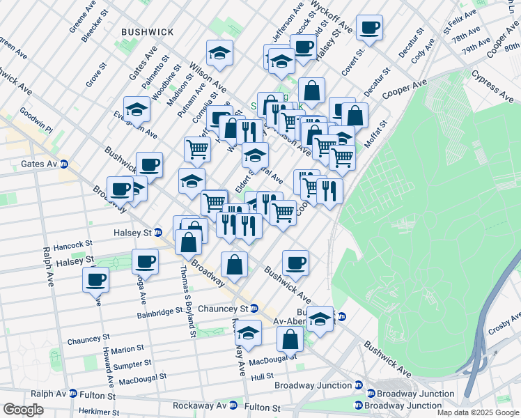 map of restaurants, bars, coffee shops, grocery stores, and more near 116 Schaefer Street in Brooklyn