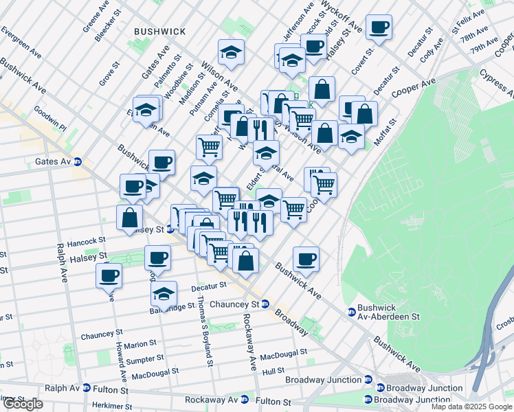 map of restaurants, bars, coffee shops, grocery stores, and more near 700 Evergreen Avenue in Brooklyn