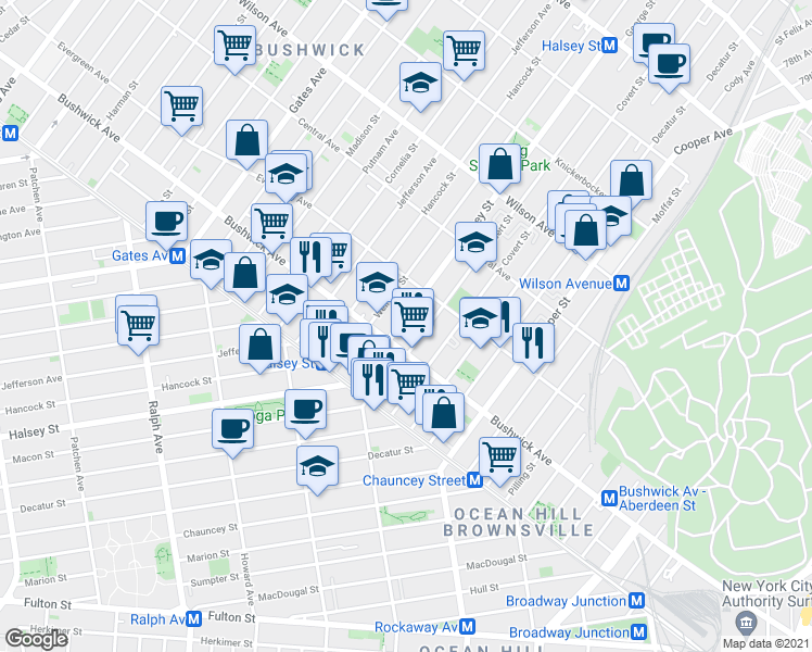 map of restaurants, bars, coffee shops, grocery stores, and more near 89 Eldert Street in Brooklyn