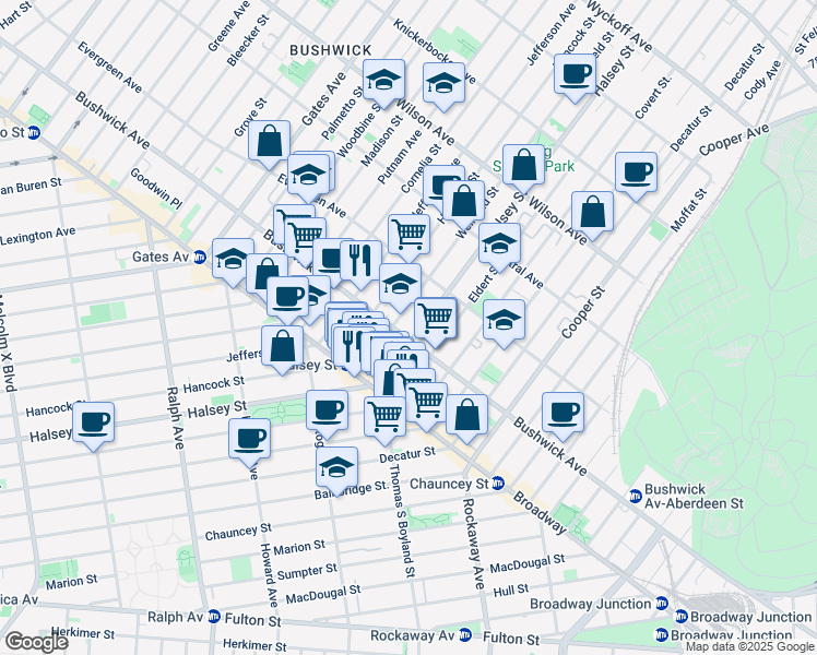map of restaurants, bars, coffee shops, grocery stores, and more near 1259 Bushwick Avenue in Brooklyn