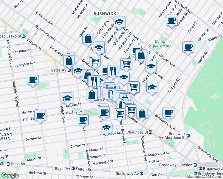 map of restaurants, bars, coffee shops, grocery stores, and more near 1024 Hancock Street in Brooklyn