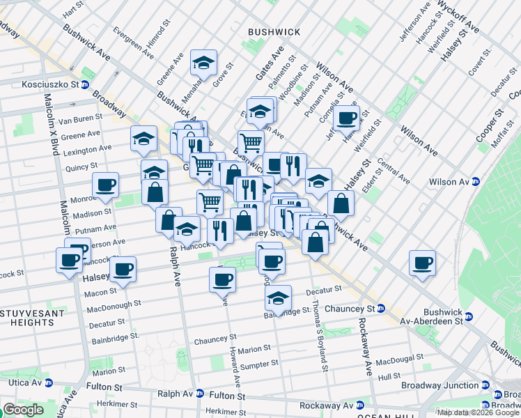 map of restaurants, bars, coffee shops, grocery stores, and more near 1487 Broadway in Brooklyn