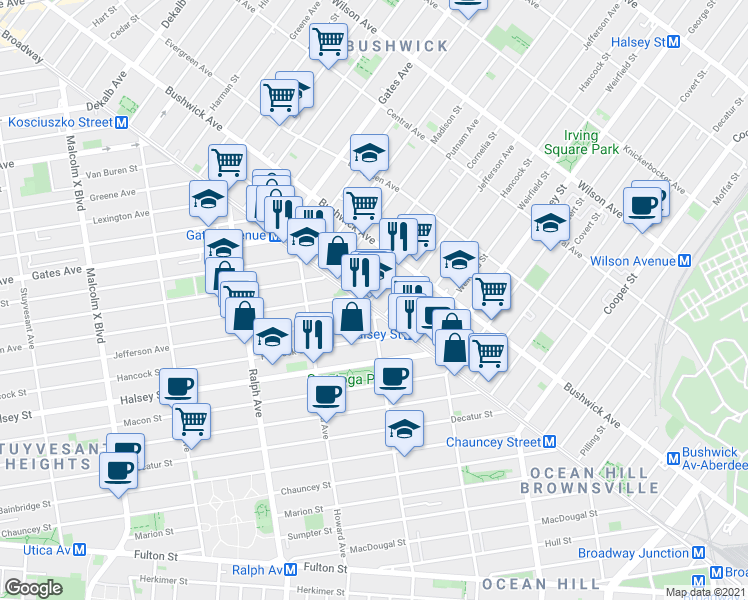 map of restaurants, bars, coffee shops, grocery stores, and more near 1485 Broadway in Brooklyn