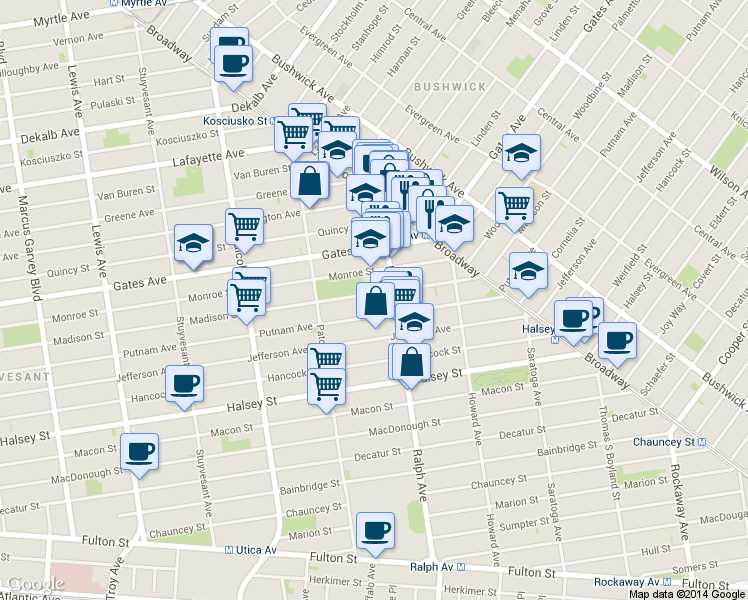 map of restaurants, bars, coffee shops, grocery stores, and more near 834 Madison Street in Brooklyn