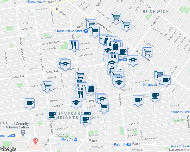 map of restaurants, bars, coffee shops, grocery stores, and more near 729 Madison Street in Brooklyn