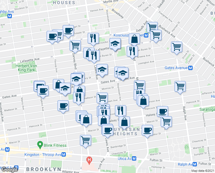 map of restaurants, bars, coffee shops, grocery stores, and more near 547 Monroe Street in Brooklyn