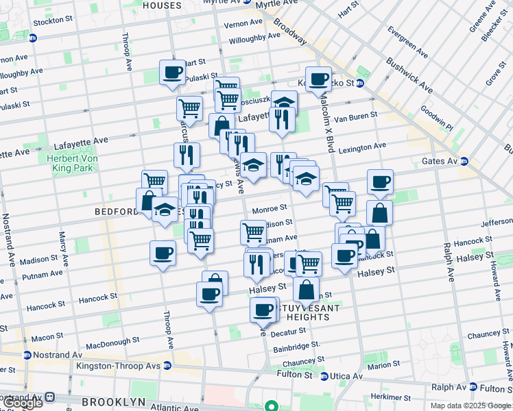map of restaurants, bars, coffee shops, grocery stores, and more near 547 Monroe Street in Brooklyn