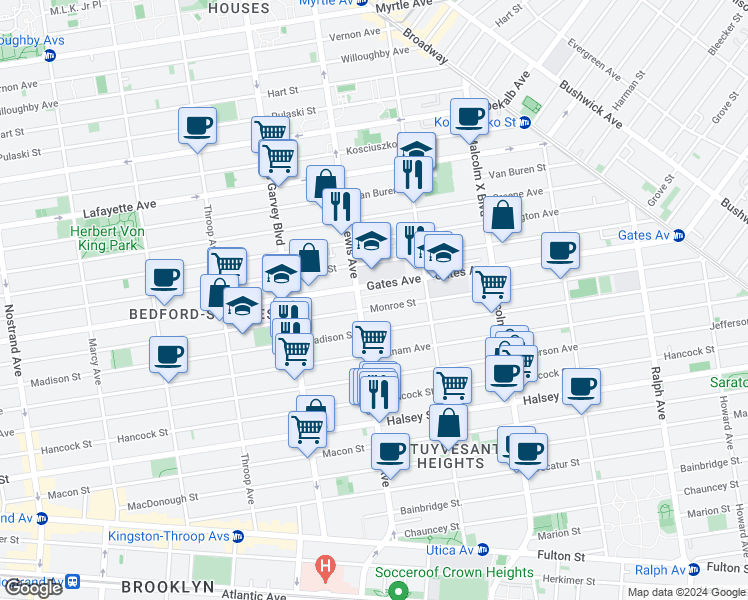 map of restaurants, bars, coffee shops, grocery stores, and more near 547 Monroe Street in Brooklyn